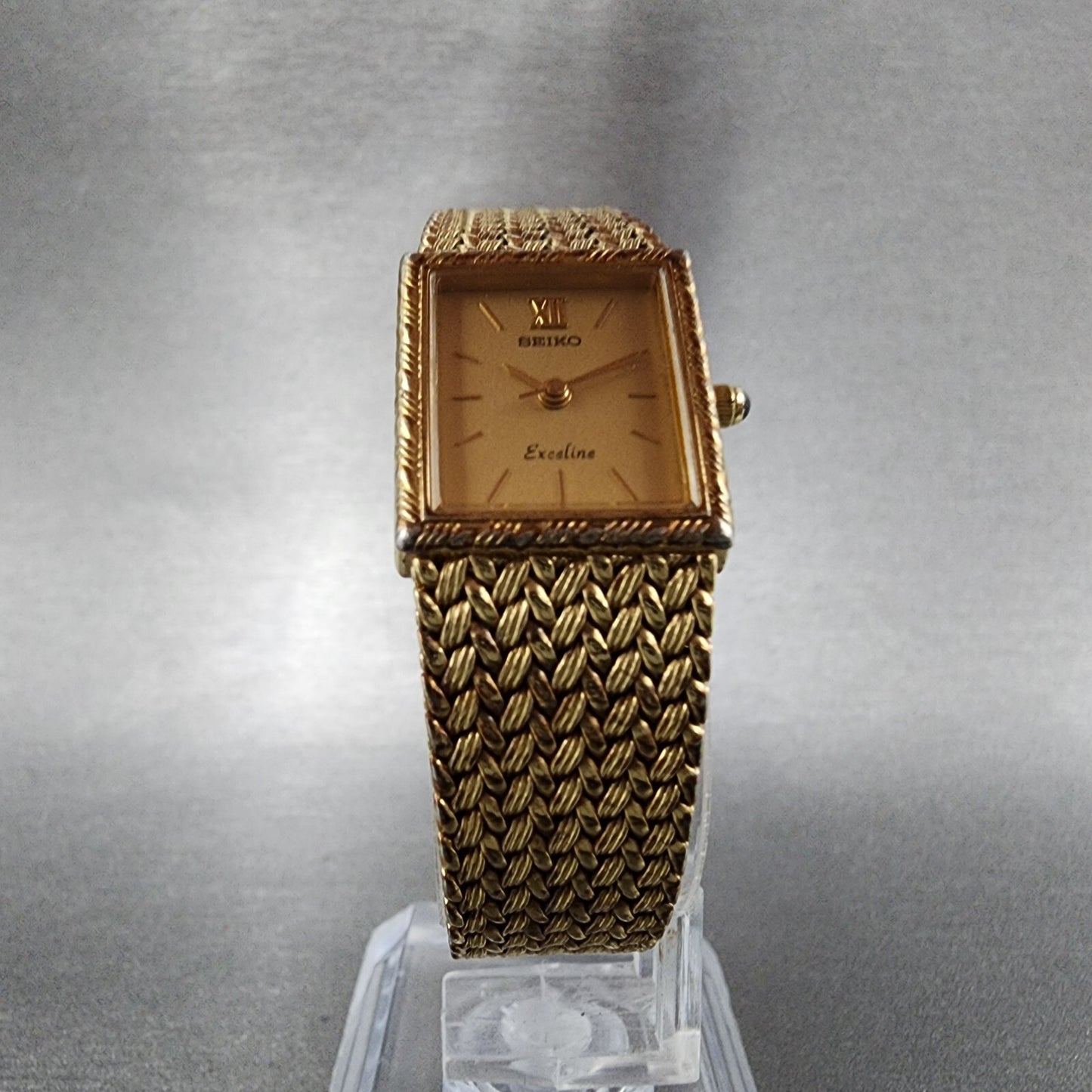 Seiko Exceline Watch Women 18mm Gold Dial Gold Tone Tank Rectangle New BatteryA15