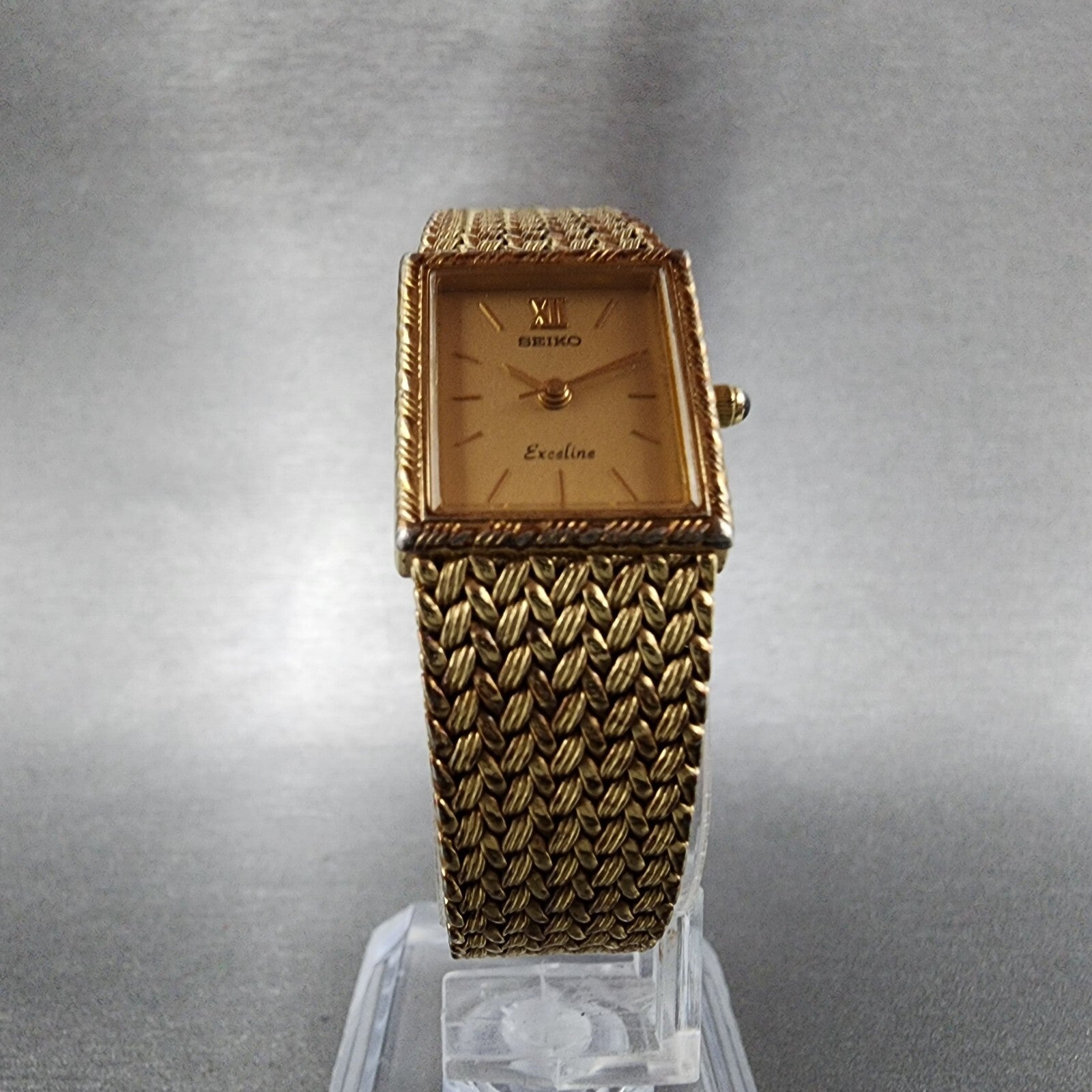 Seiko Exceline Watch Women 18mm Gold Dial Gold Tone Tank Rectangle New BatteryA15