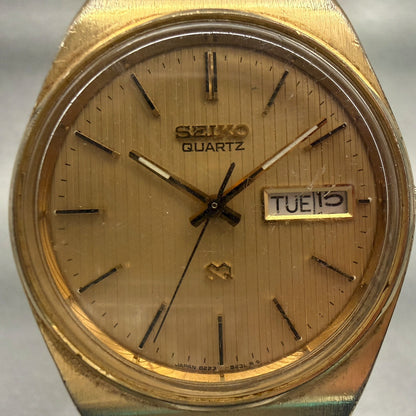 Seiko SQ Watch Men 35mm Gold Dial Gold Tone Daydate Round 8223-8029 New Battery1
