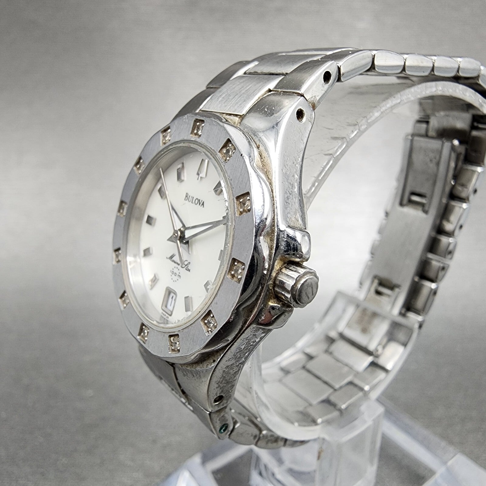 Bulova Marinestar Watch Women 25mm MOP Dial Stainless Steel Date Round New Batt2