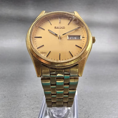 Seiko Watch Men 37mm Gold Dial Gold Tone Daydate Round 7N43-9048 New Battery VTG5