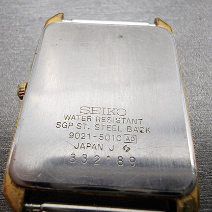 Seiko Tank Watch Men 25mm Champagne Dial Gold Tone Rectangle 9021-5010 New Batt