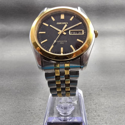 Seiko Sports 50 Watch Men 37mm Black Dial Two Tone Daydate 7N48-8A00 New Battery5