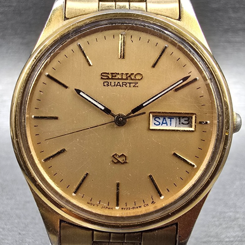Seiko SQ Watch Men 34mm Gold Dial Gold Tone Daydate Round 5Y23-8049 New Batt JP11