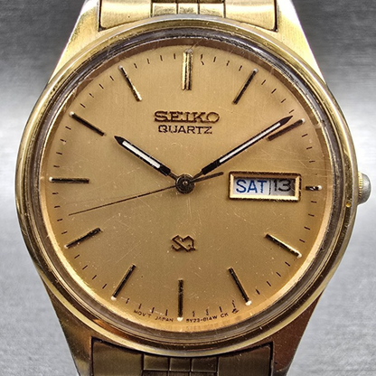 Seiko SQ Watch Men 34mm Gold Dial Gold Tone Daydate Round 5Y23-8049 New Batt JP11