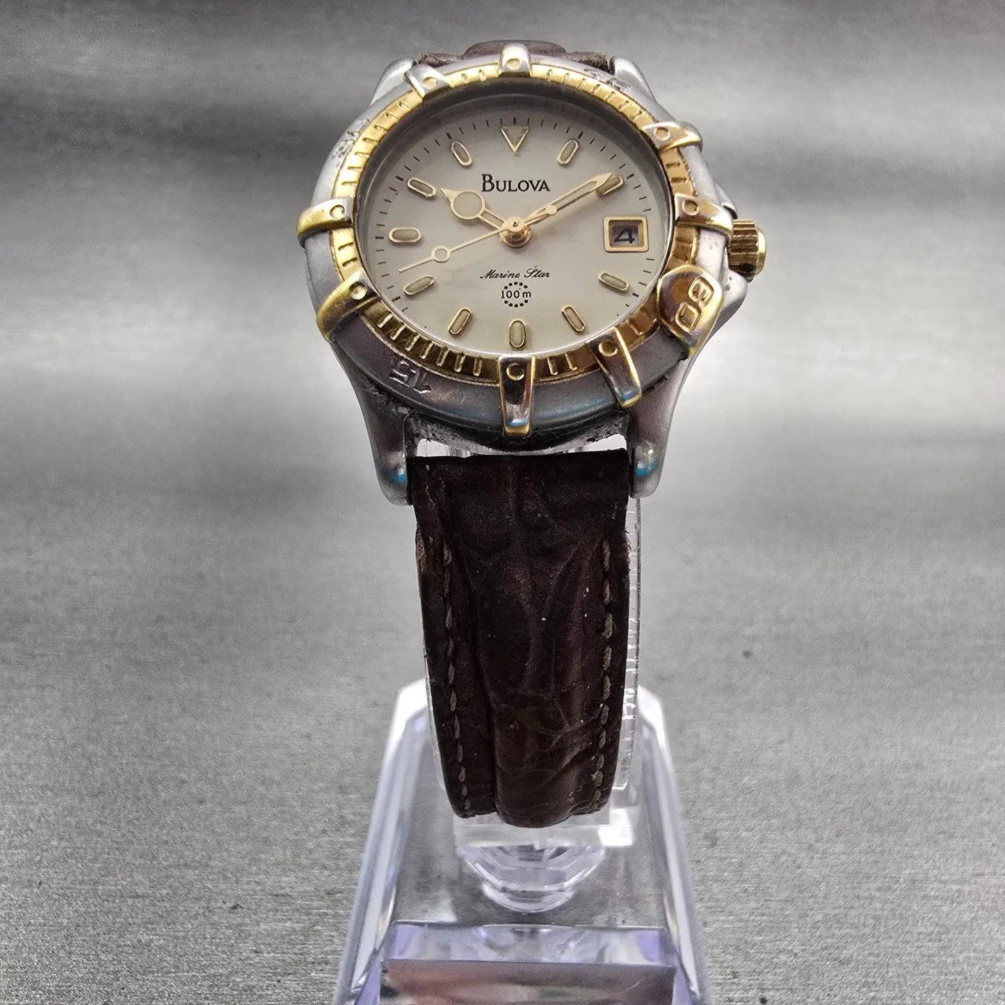 Bulova Marine Star Watch Women 26mm Cream Dial Two Tone Date Round 98M63 NewBatt5