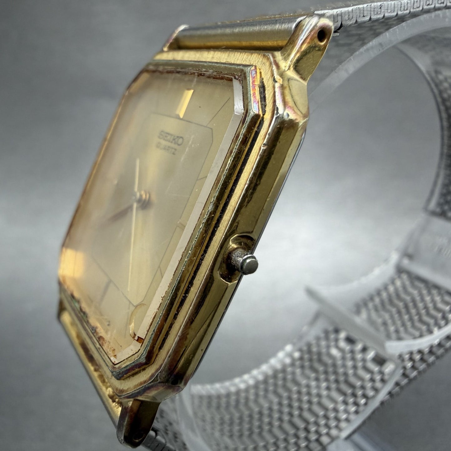 Seiko Tank Watch Men 26mm Champagne Dial Gold Tone 90215250 New Battery READ!!!2