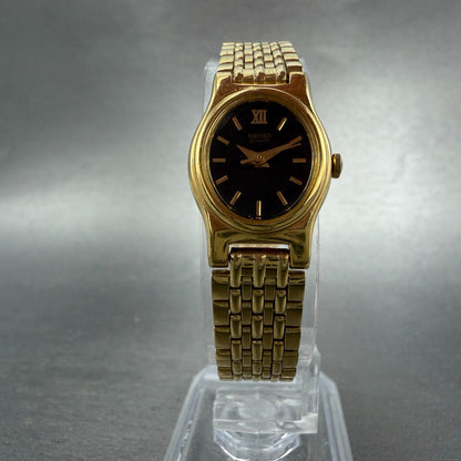 Seiko Watch Women 18mm Black Dial Gold Tone Oval V401-5109 New Battery Vintage5