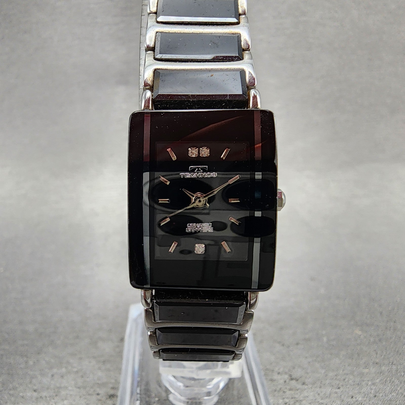 Technos Tank Watch Women 18mm Black Dial Steel & Ceramic TAL742 New Battery0