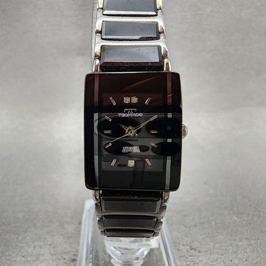 Technos Tank Watch Women 18mm Black Dial Steel & Ceramic TAL742 New Battery0