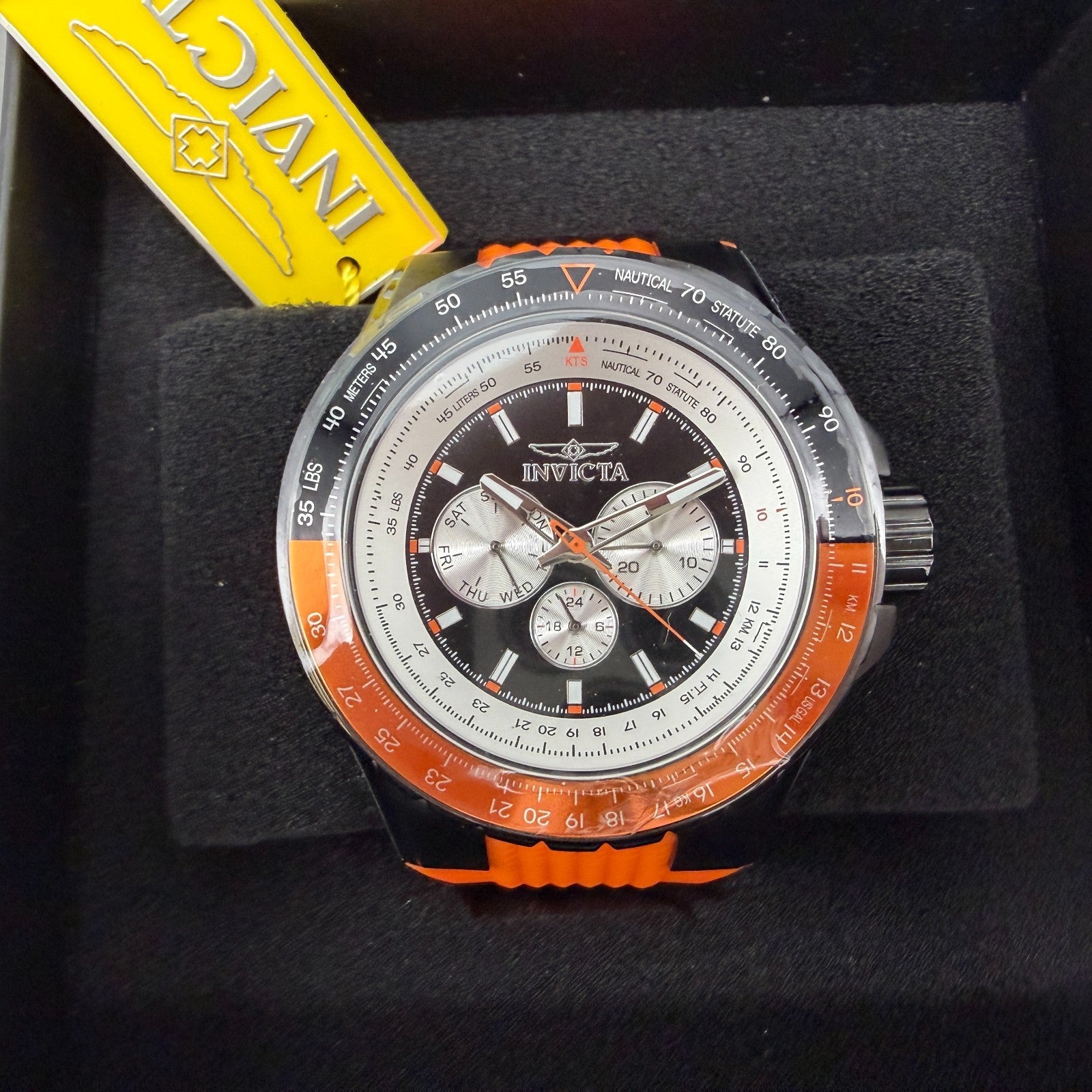 Invicta Aviator GMT Watch Men 50mm Black Dial Black Orange Daydate Round 370310
