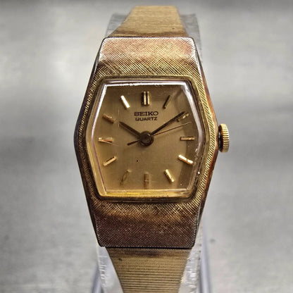 Seiko Watch Women 17mm Gold Dial Gold Tone Hexagon 1421-5590 New Battery Vintage0