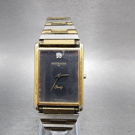 Wittnauer Tank Watch Men 24mm Black Dial Gold Tone Rectangle 8T2307 9782 PARTS0