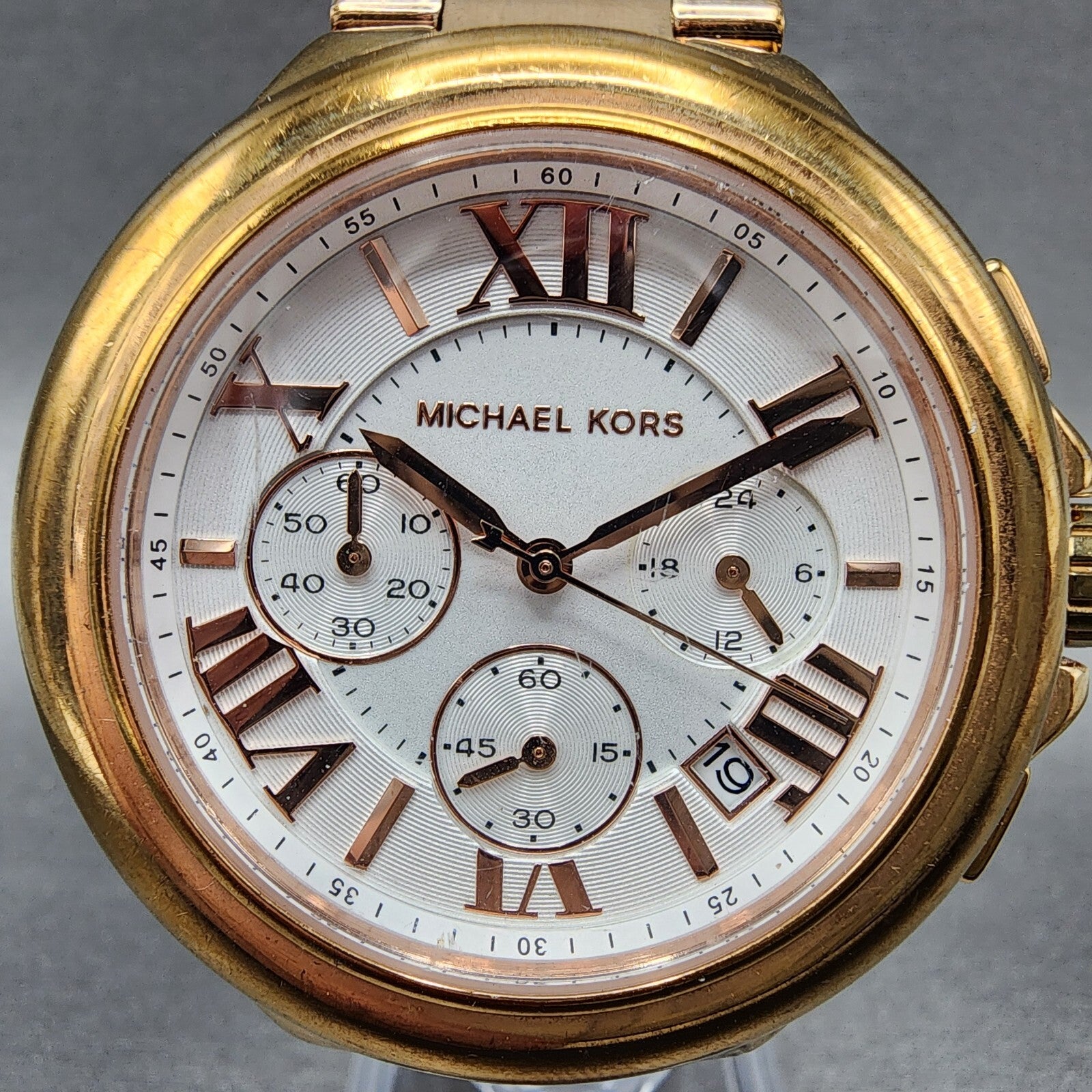 Michael Kors Camille Chronograph Watch Women 43mm White Dial Rose Gold New Batt1