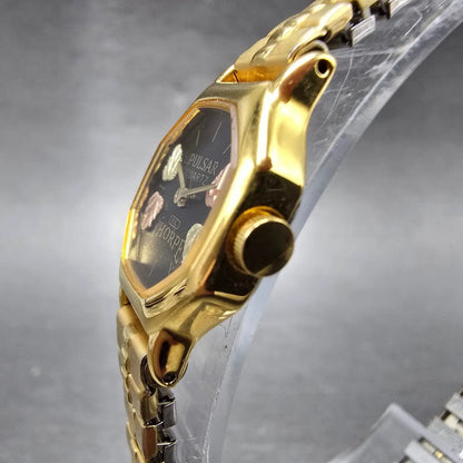 Pulsar Watch Women 17mm Black Dial Gold Tone Octagon V400-5310 Leafs New Battery2