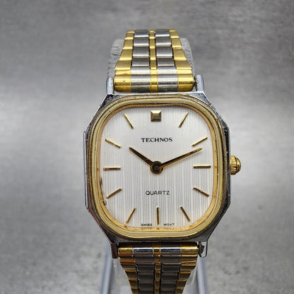 Technos Tank Watch Women 21mm White Dial Two Tone Rectangle New Battery0