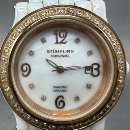 Stuhrling Fusion Watch Women 35mm MOP Dial Whiter Ceramic Diamond Bezel New Batt1