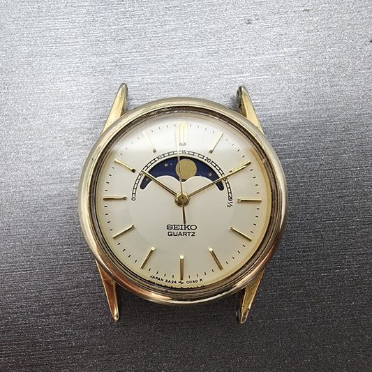 Seiko Moon Phase Watch Women 24mm White Dial Gold Tone Round 2A240048 PARTS0