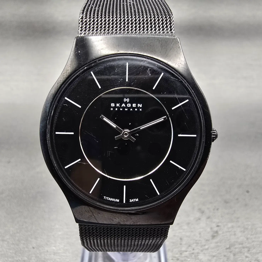 Skagen Watch Men 34mm Black Dial Black Tone Titanium Round 233LTMB New Battery0