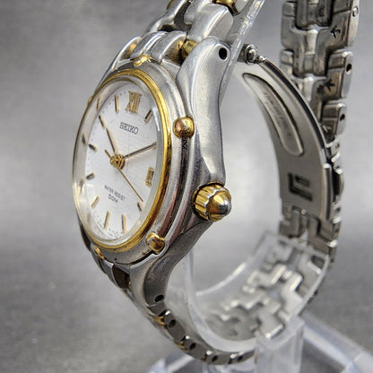 Seiko Watch Women 26mm White Dial Two Tone Date Round 7n820599 New Battery B4562