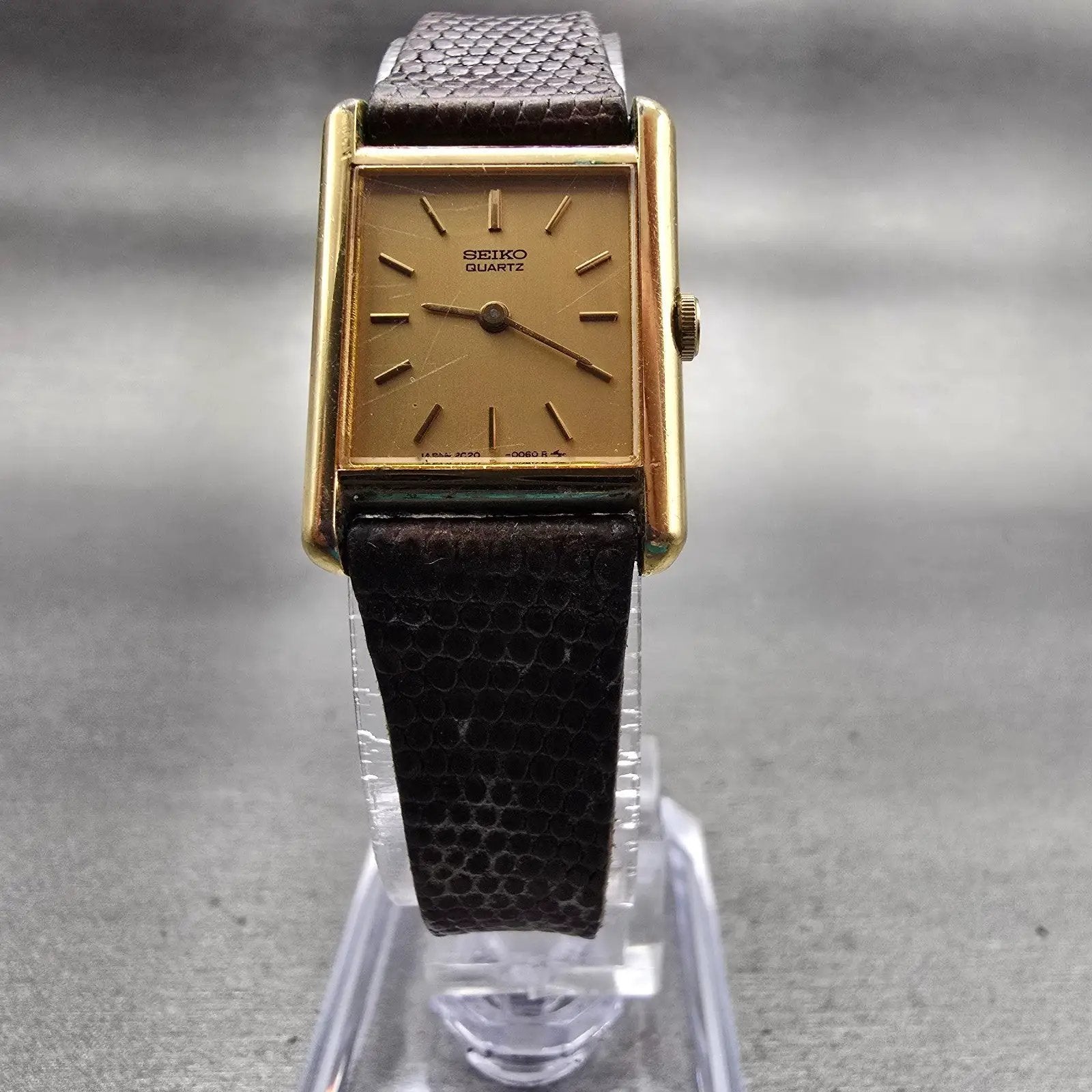 Seiko Watch Women 17mm Gold Dial Gold Tone Rectangle 2C20-5019 New Battery VTG5