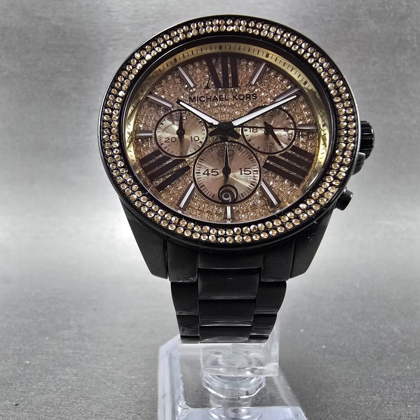 Michael Kors Wren Chronograph Watch Women 42mm Gold Dial Black Tone Dat New Bat5