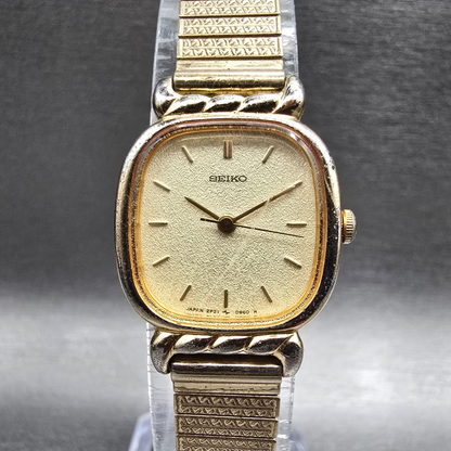 Seiko Watch Women 20mm Champagne Dial Gold Tone Rectangle 2P21-5340 New Battery0