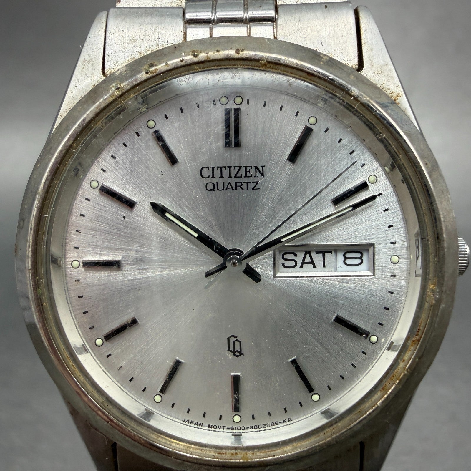 Citizen CQ Watch Men 36mm Silver Dial Silver Tone Daydate 6100-S96389 NewBattery1