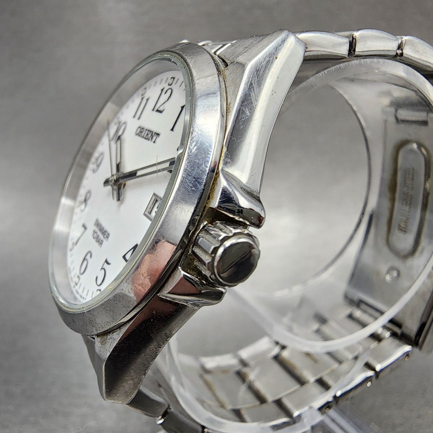 Orient Swimmer Watch Men 36mm White Dial Silver Tone Date Round New Battery ABC2