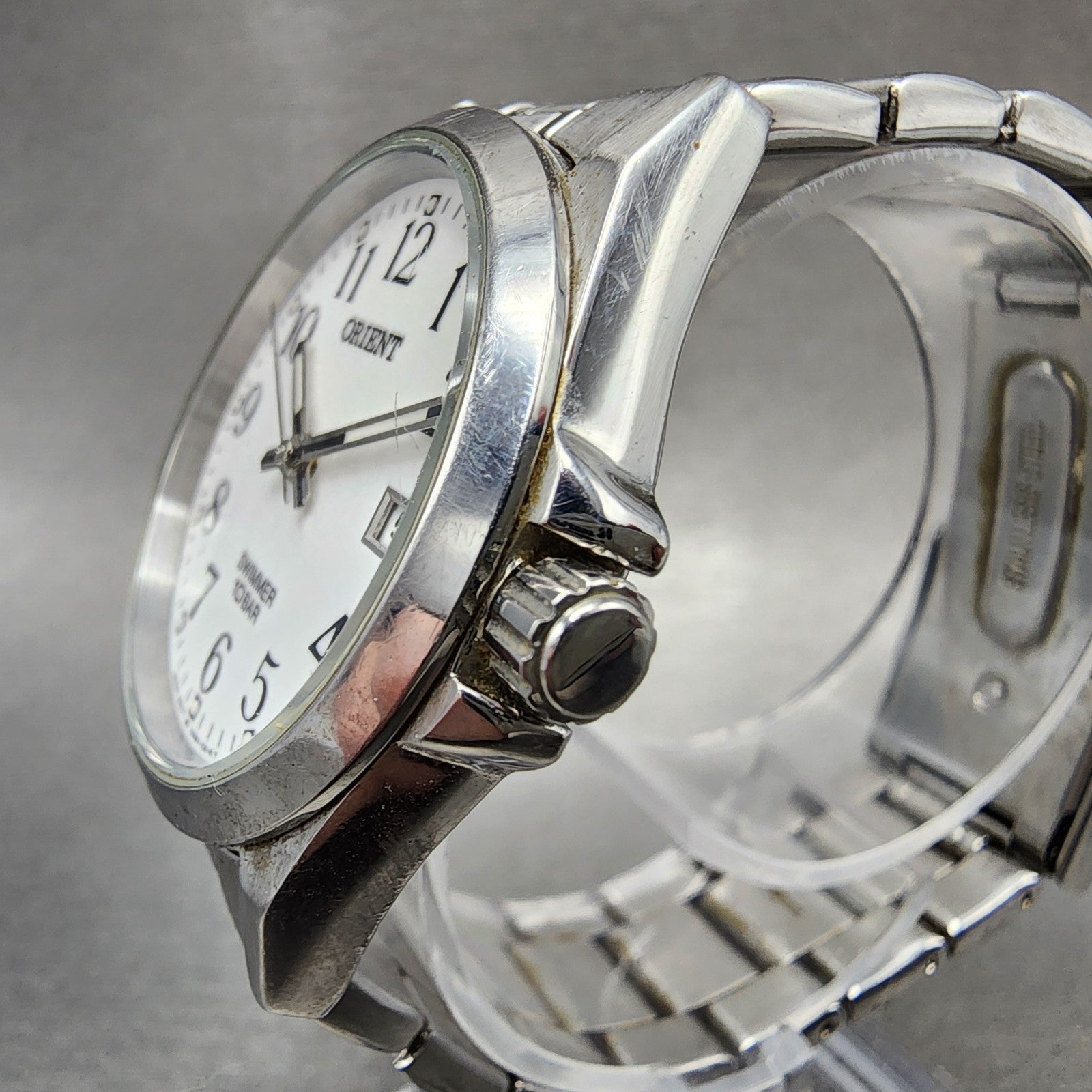 Orient Swimmer Watch Men 36mm White Dial Silver Tone Date Round New Battery ABC2