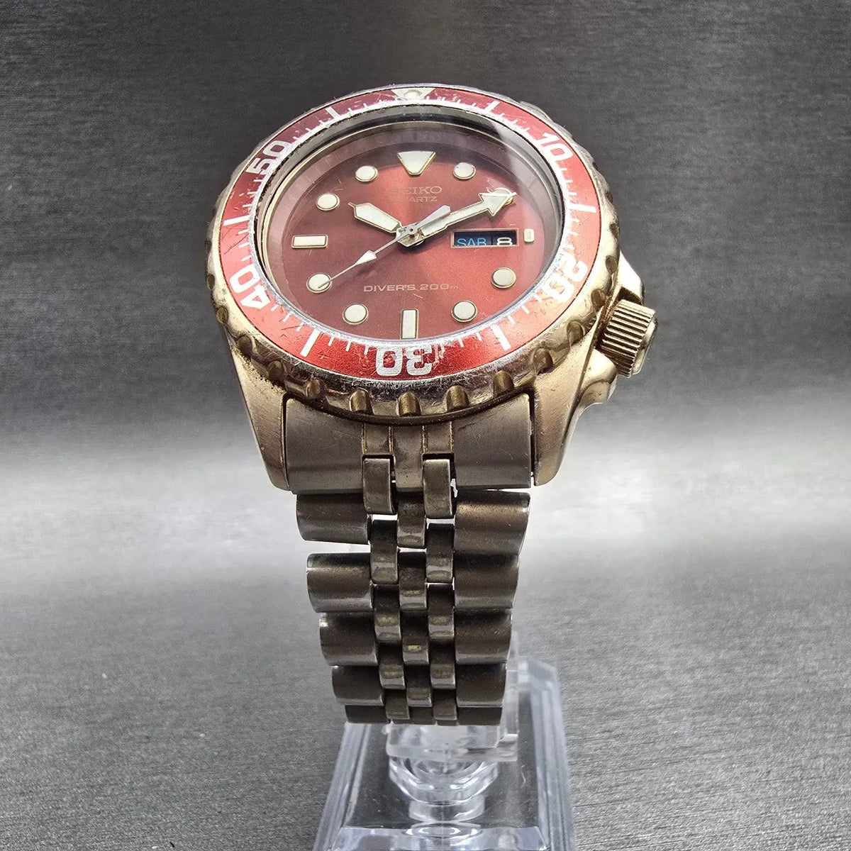 Seiko Diver Watch Men 41mm Red Dial Gold Daydate Round 7N36-6A39 New Battery5