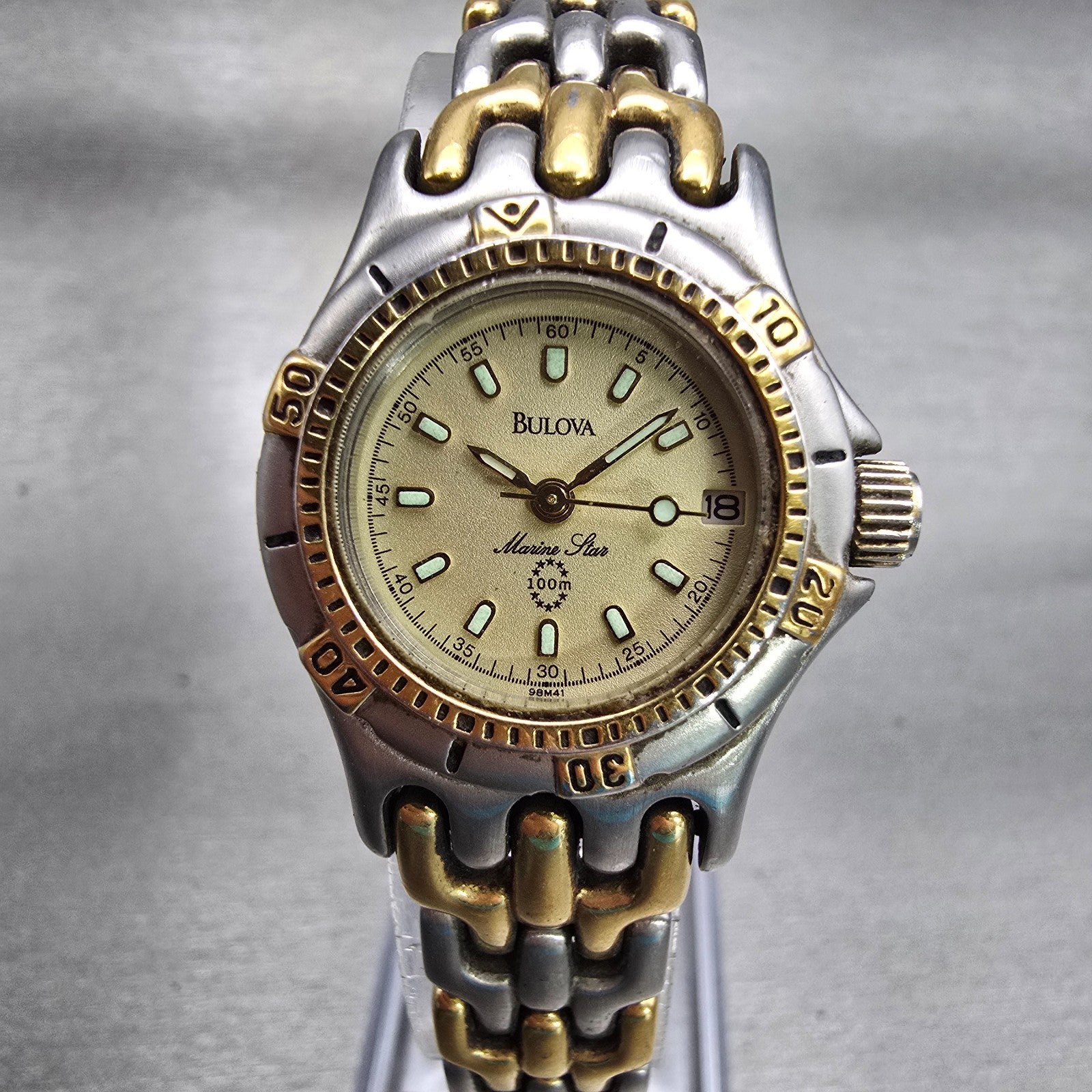 Bulova Marine Star Watch Women 24mm Champagne Dial Two Tone Date Round New Batt0