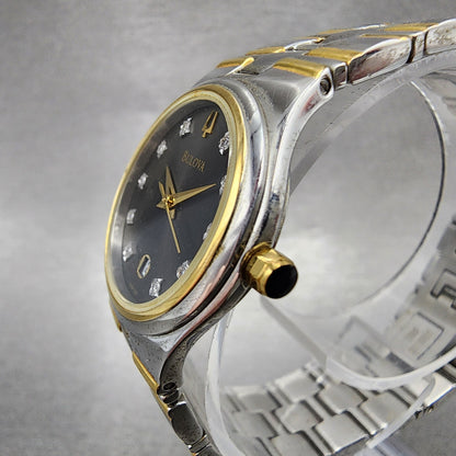 Bulova Watch Women 26mm Black Dial Two Tone Date Round 98P109 New Battery2