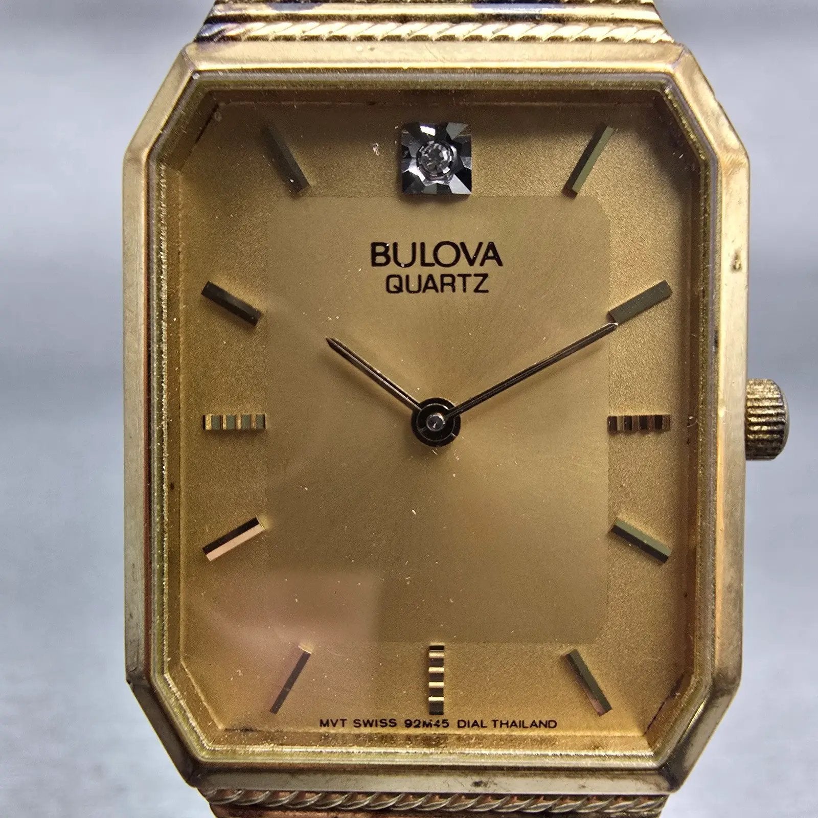 Bulova Watch Men 25mm Gold Dial Gold Tone Rectangle 92M45 New Battery Vintage1