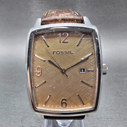 Fossil Tank Watch Men 36mm Brown Dial Silver Tone Date Rectangle FS-4048 New Bat0