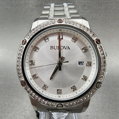 Bulova silver diamond watch with crystal accents and date display on stainless steel band