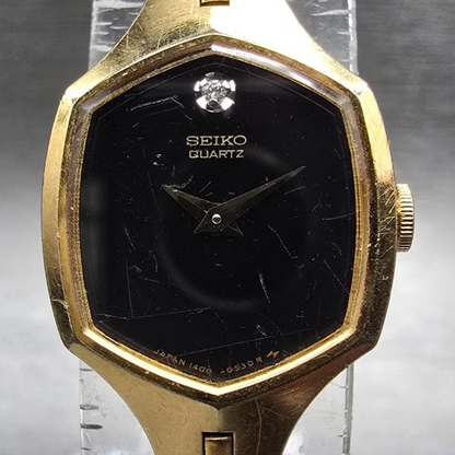 Seiko Watch Women 18mm Black Dial Gold Tone Hexagon 1400-5319 New Battery JP1