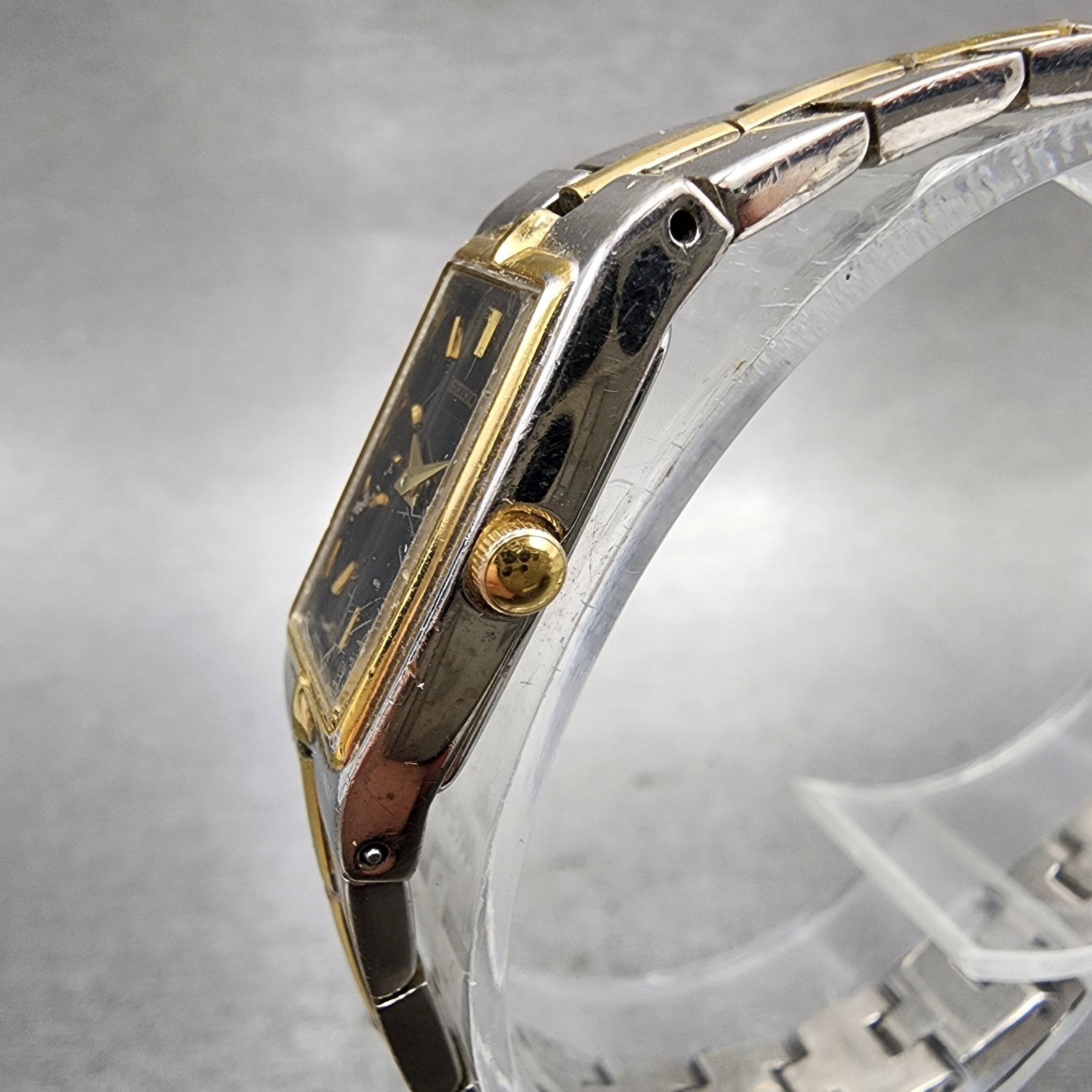 Seiko Tank Watch Women 13mm Black Dial Two Tone Rectangle 2E200AY0 New Battery2
