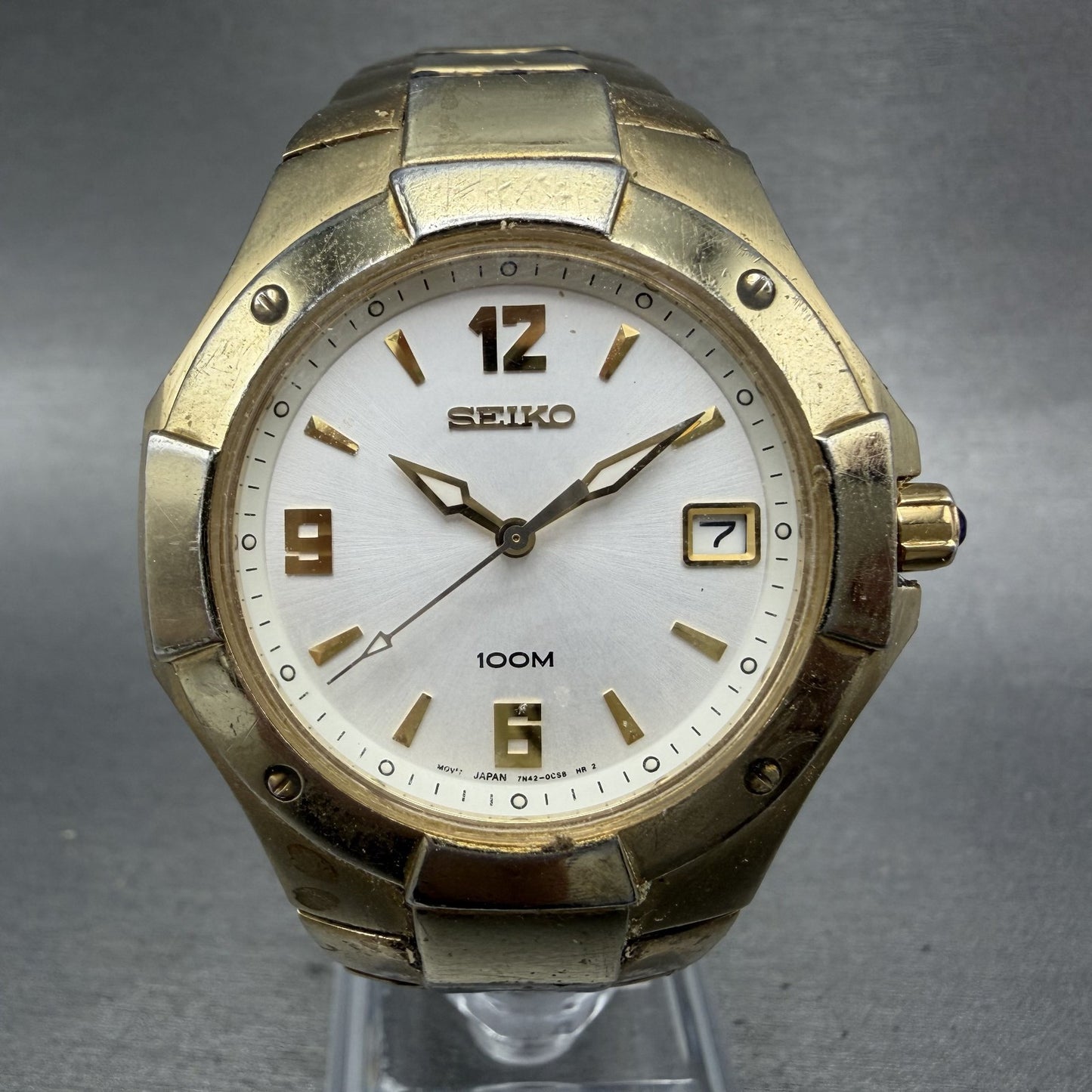 Seiko Watch Men 38mm Silver Dial Gold Tone Date Round 7N420BL0 New Battery0