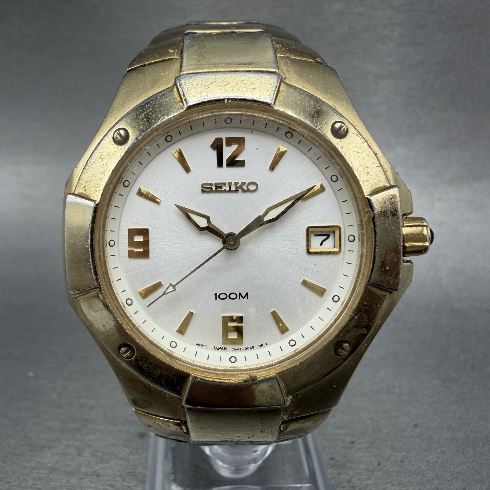 Seiko Watch Men 38mm Silver Dial Gold Tone Date Round 7N420BL0 New Battery0