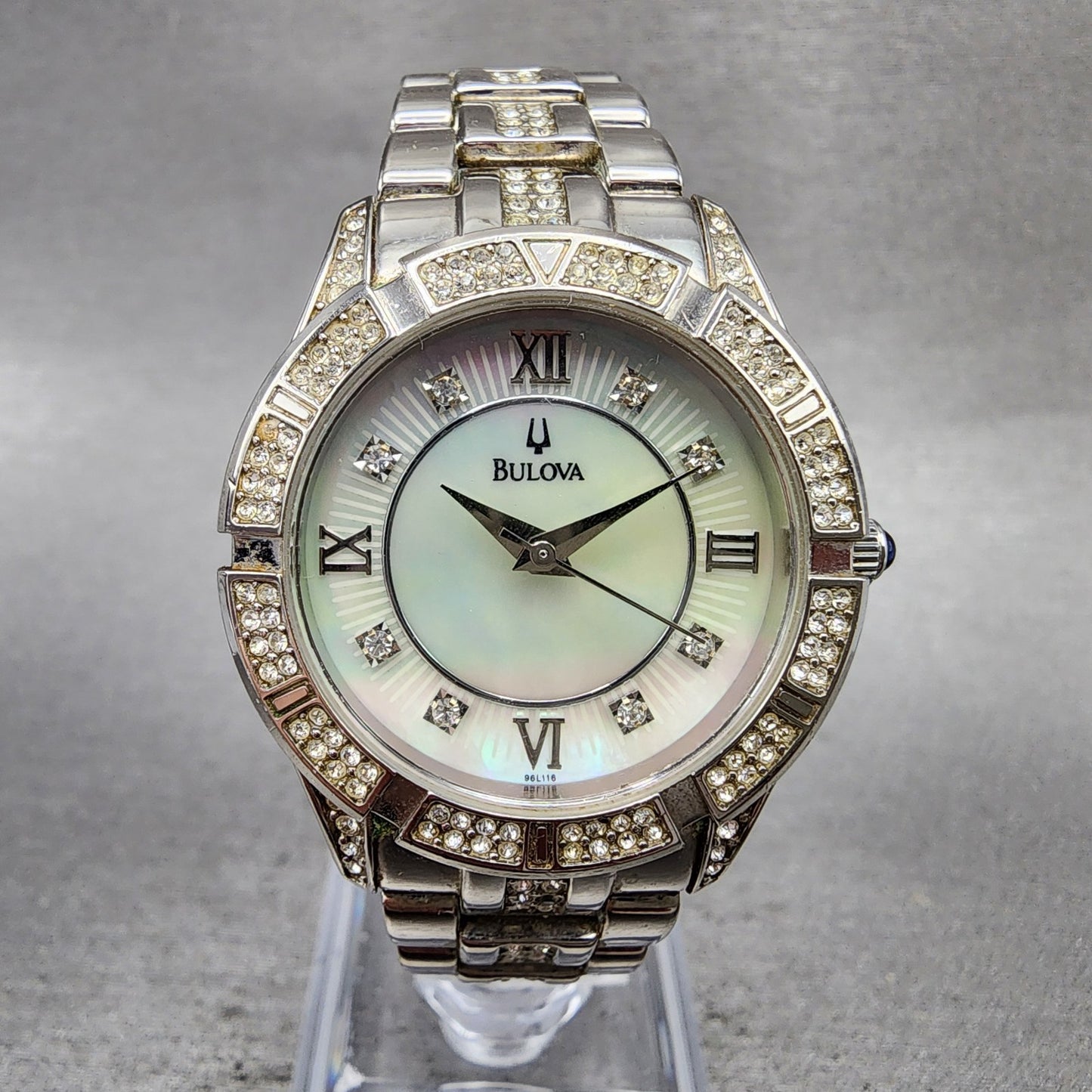 Bulova Watch Women 31mm MOP Dial Silver Tone Round 96L116 Crystal Accent New Bat0