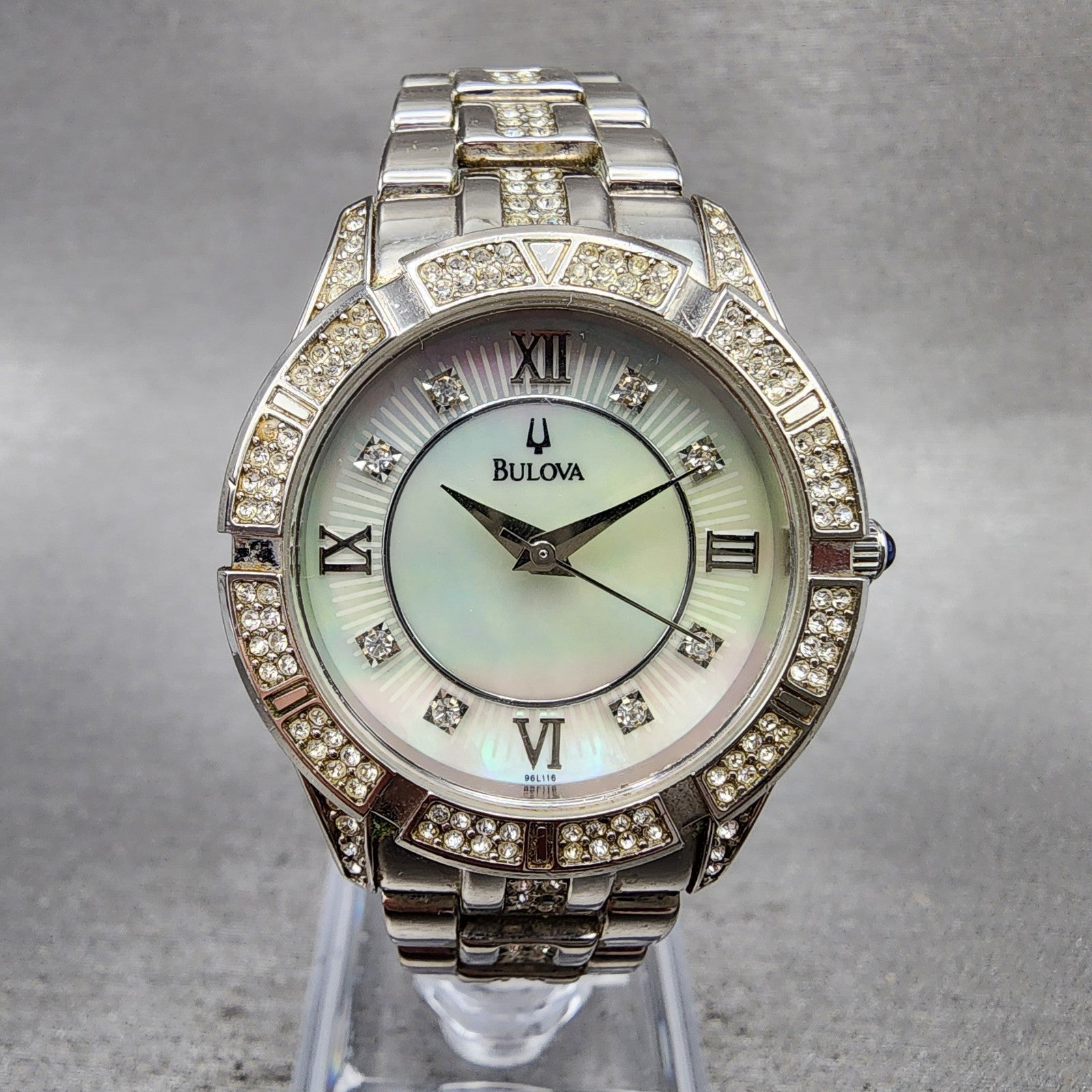 Bulova Watch Women 31mm MOP Dial Silver Tone Round 96L116 Crystal Accent New Bat0