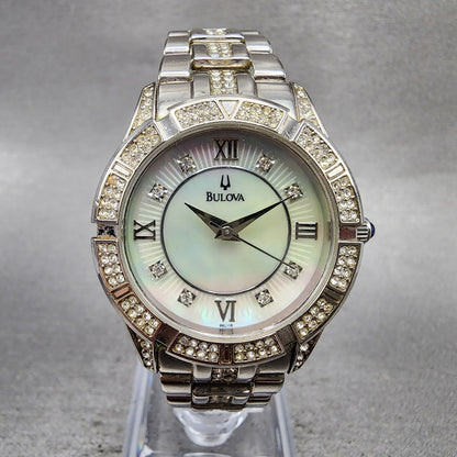 Bulova Watch Women 31mm MOP Dial Silver Tone Round 96L116 Crystal Accent New Bat0