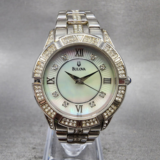 Bulova Watch Women 31mm MOP Dial Silver Tone Round 96L116 Crystal Accent New Bat0