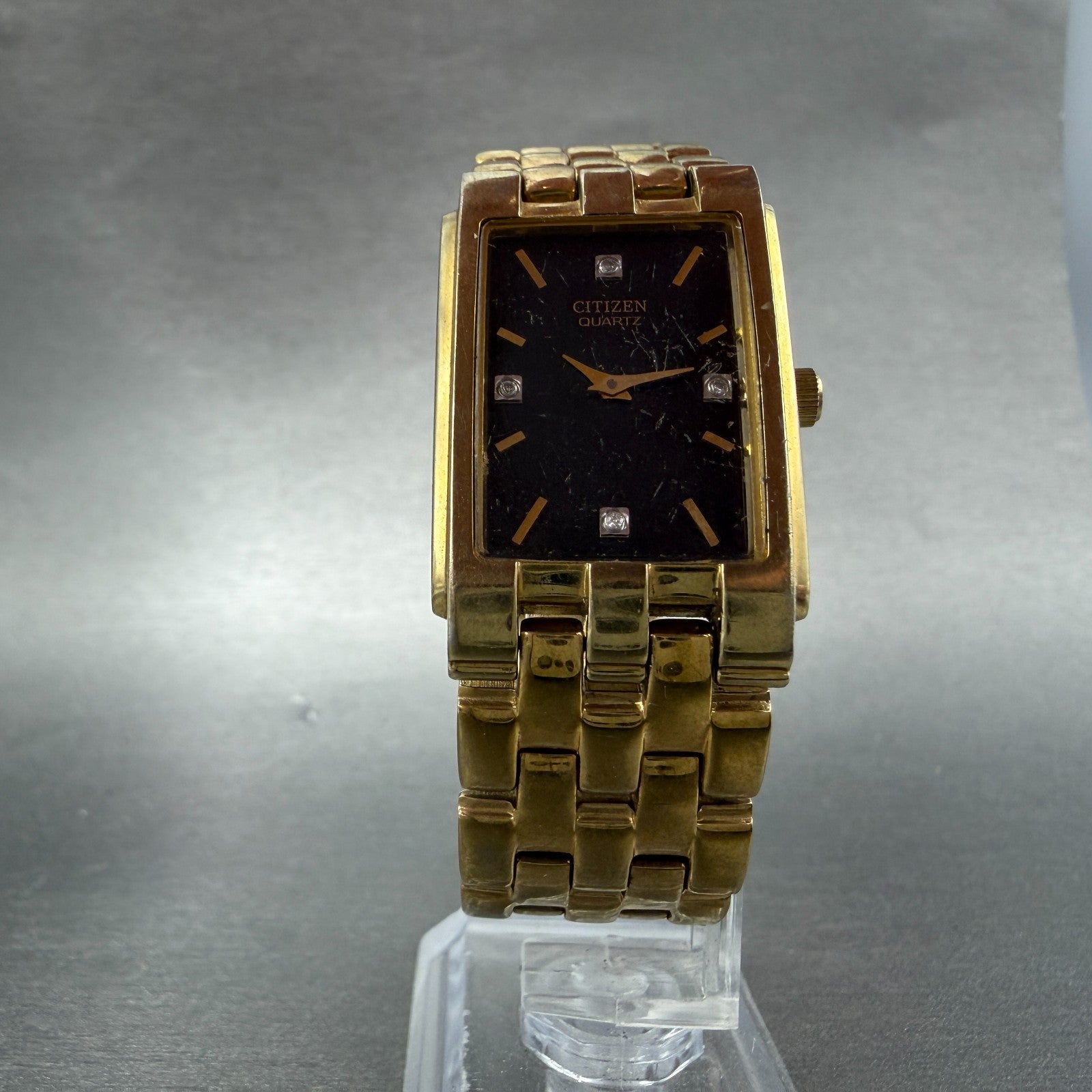 Citizen Tank Watch Men 24mm Black Dial Gold Tone 1022-K18078 New Battery 67HM5