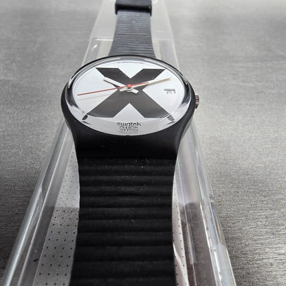 Swatch X-Rated Watch Men 34mm White Dial Black Tone Date GB406 New Battery NOS6