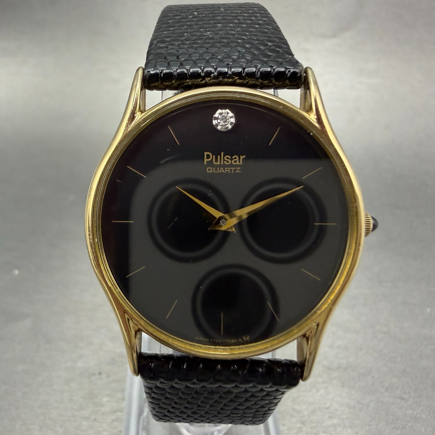 Seiko Pulsar Watch Men 31mm Black Dial Gold Tone Round Y100-7079 New Battery0