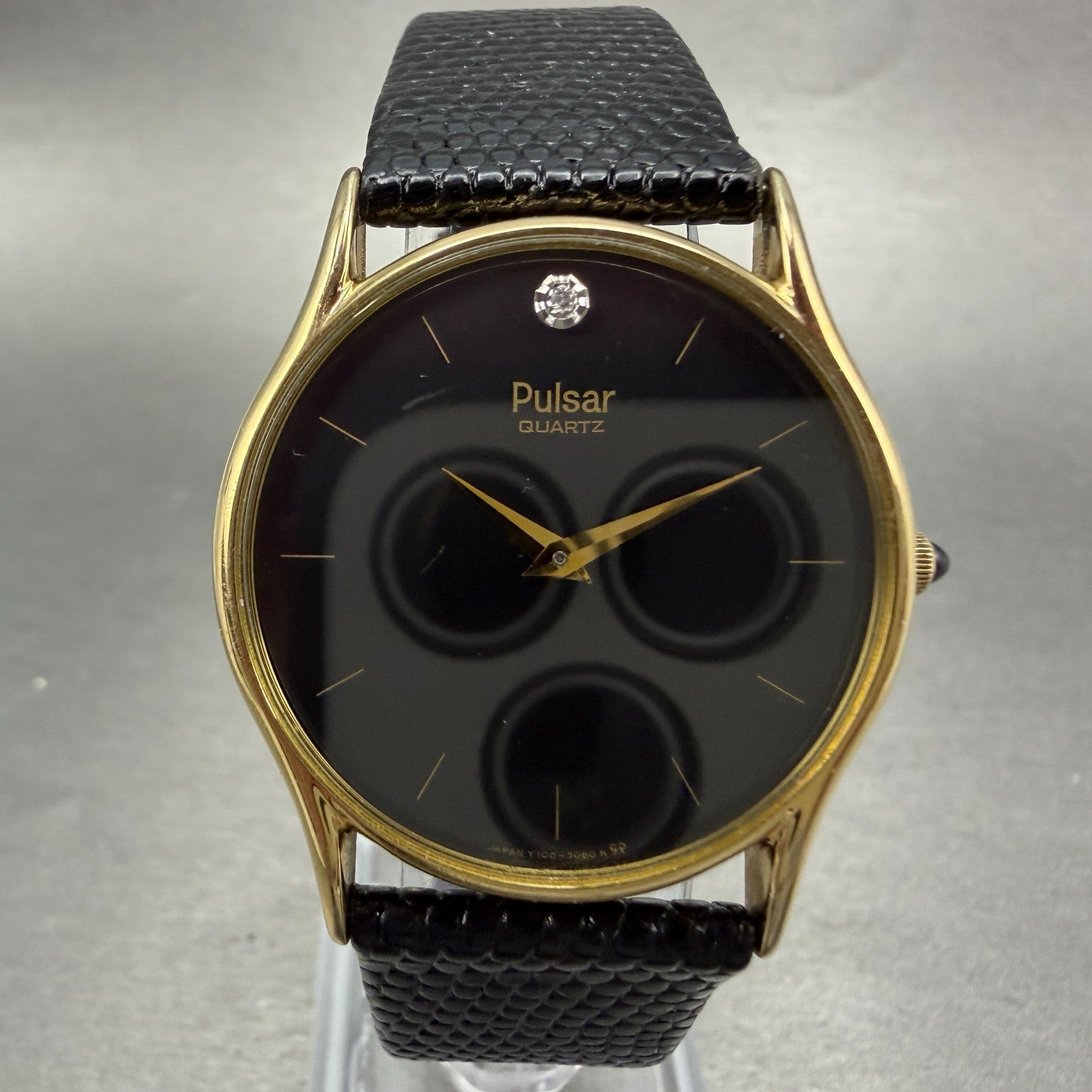 Seiko Pulsar Watch Men 31mm Black Dial Gold Tone Round Y100-7079 New Battery0