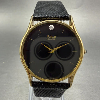 Seiko Pulsar Watch Men 31mm Black Dial Gold Tone Round Y100-7079 New Battery0