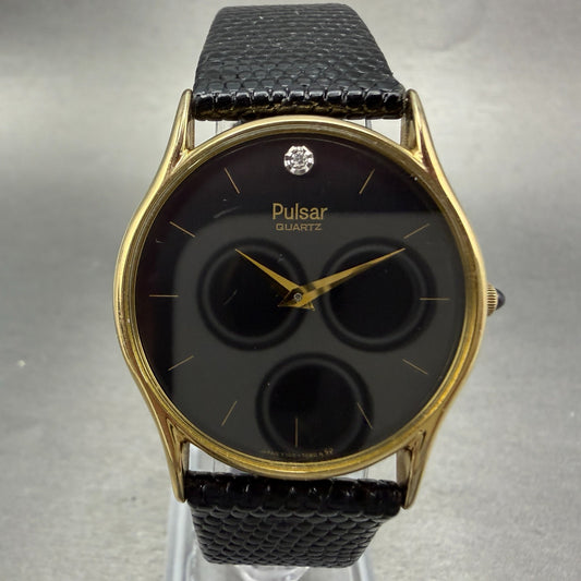 Seiko Pulsar Watch Men 31mm Black Dial Gold Tone Round Y100-7079 New Battery0